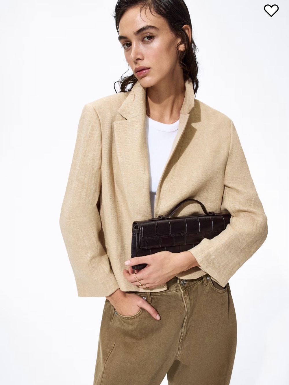 H&M Beige Cropped Linen-Blend Blazer